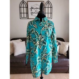 C&C California Blue Long Sleeve 100% Linen Palm Leaf Print Blouse Size L